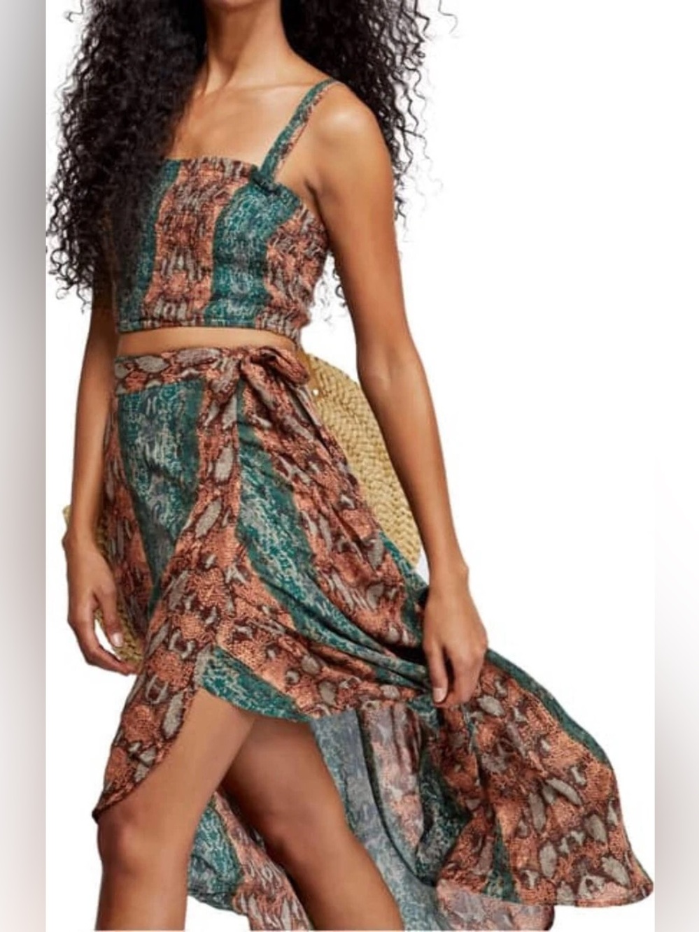 Free People Green and Brown Wrap High-Low Coord matching set skirt top